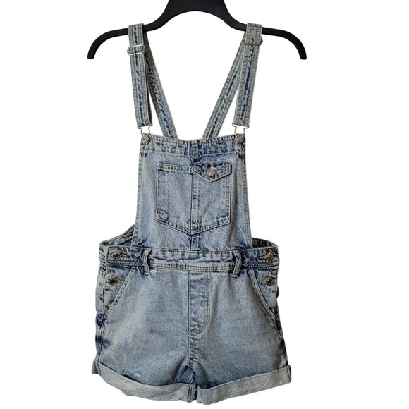 BSKGIRL BERSHKA Denim Short Bib Overalls Adjustable Straps Light Wash - Picture 2 of 8